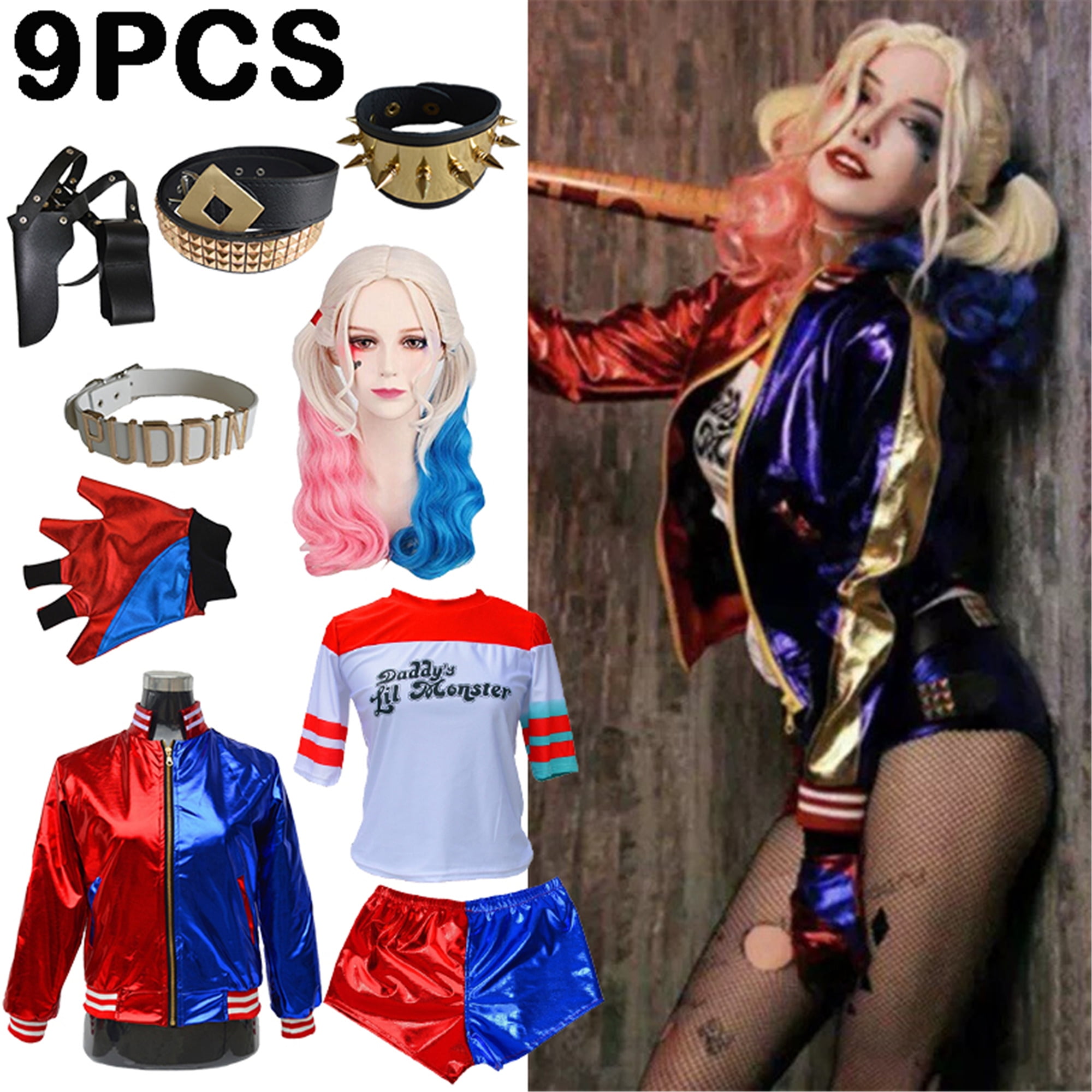 Harley Costumes Cosplay Suicide Harleen Quinzel Kids Adults 9Pcs