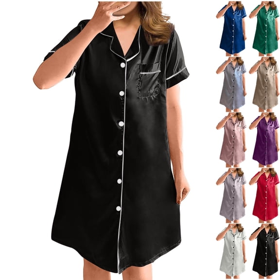 Npasoilc Nightshirts For Women Button Down Sleepshirt Silk Short Sleeve Nightgown Satin Pajama Dress Boyfriend Notch Collar Sleepwear