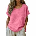 thumbnail image 2 of Craaazy Women Casual Loose Fit Blouse, Solid Color Short Sleeve Cotton Linen Top, Comfy Round Neck Tunic with Pocket for Daily Wear Gifts, 2 of 6