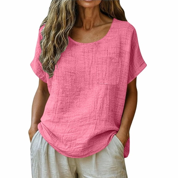 Dagugfen Cotton Linen Shirts for Women Short Sleeve Crew Neck Lightweight Breathable Casual Tee Shirts with Pocket