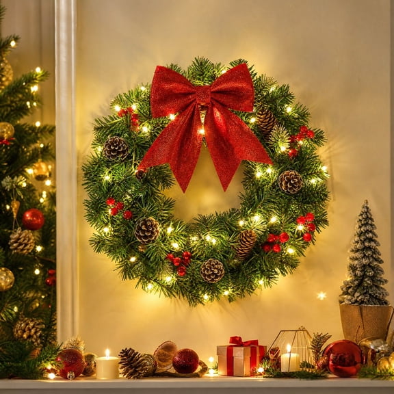 Christmas Pinecone Wreath, Lighted Christmas Wreath with Warm White LED Lights, PVC Artificial Pine Branches, Red Bow, Berries, Indoor Outdoor Holiday Porch Door Decor