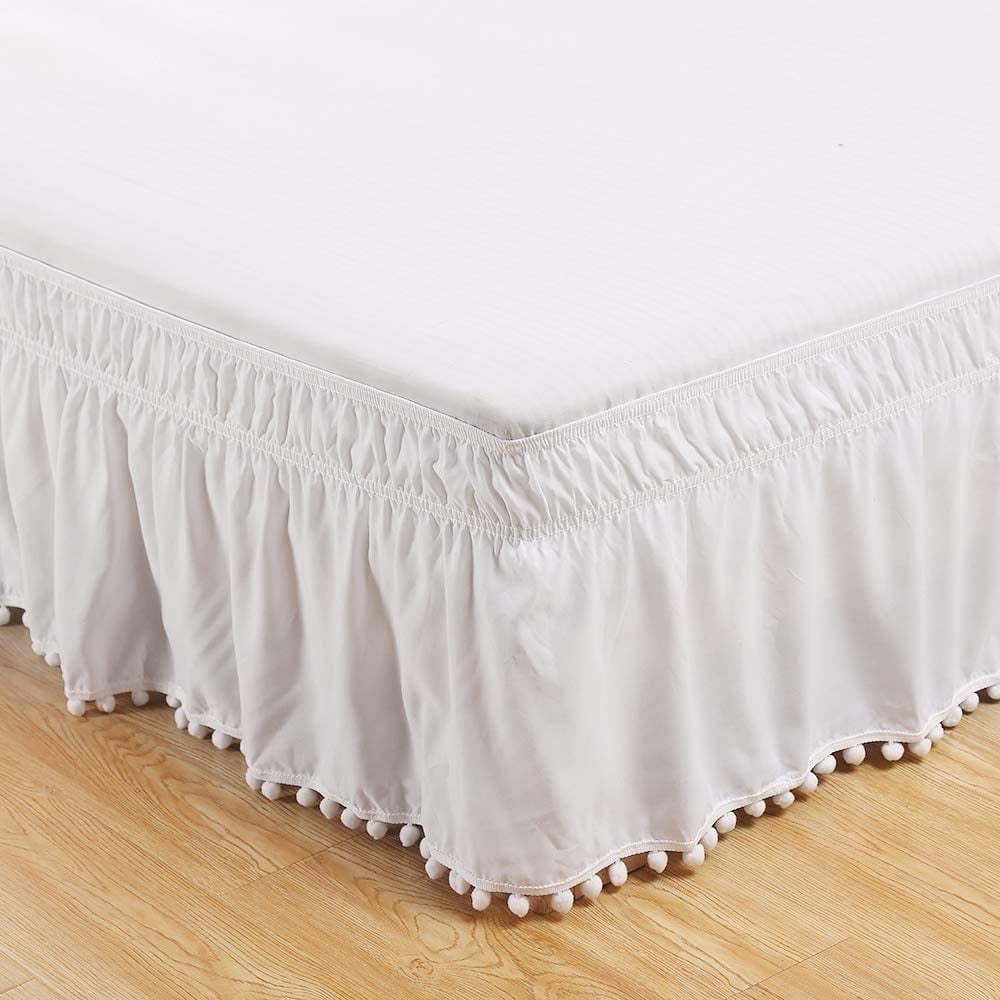 Pom Pom Bed Skirt with Adjustable Elastic Belt, Easy Wrap Around Dust Ruffles with 15 Inch Tailored Drop White Full(54"X75")