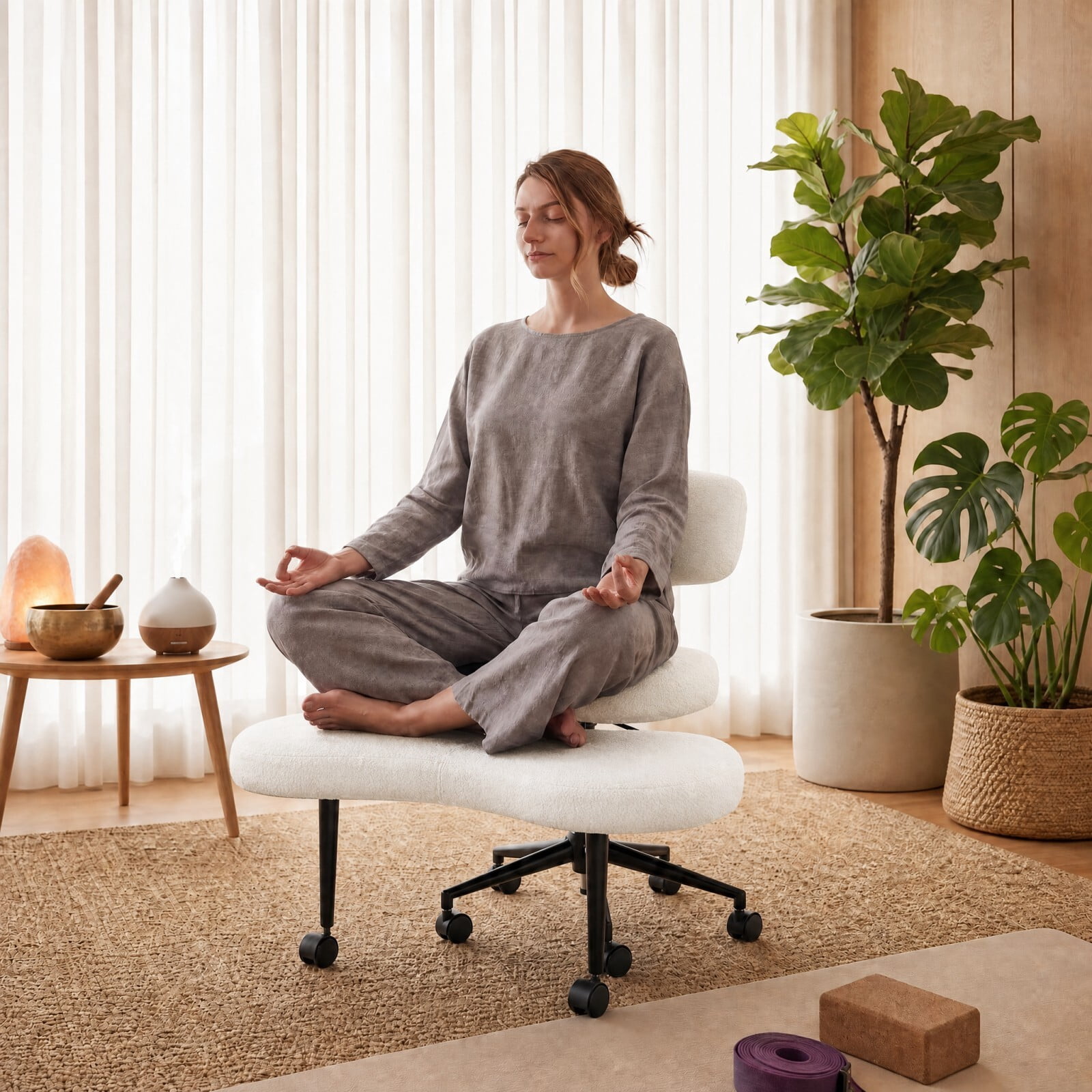 Kelno Cross Legged Meditation Chair with 360° Swivel Footrest Adjustable Backrest Ergonomic Teddy Fleece Office Chair, White