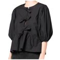 thumbnail image 2 of Womens Summer Tops Strap Front Top Leopard Print Ruffle 3/4 Length Puff Sleeve Hat Womens Shirts Black S, 2 of 5