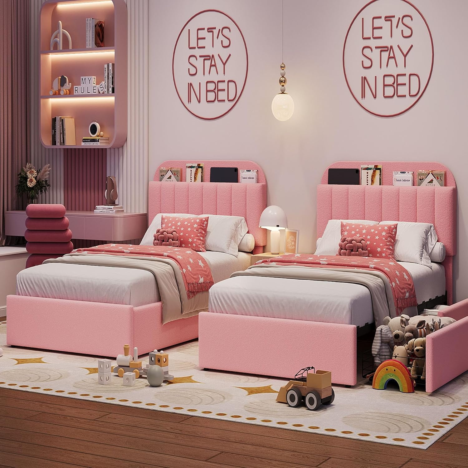 Twin Size Bed Frame with Storage Drawers & Bookcase Headboard, Boucle Platform Bed, Noise-Free, No Box Spring Needed, Pink