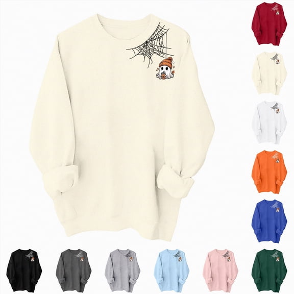 Towmus Womens Funny Long Sleeve Crew Neck Halloween Sweatshirts Casual Ghost Coffee Graphic Fall Pullover Tops
