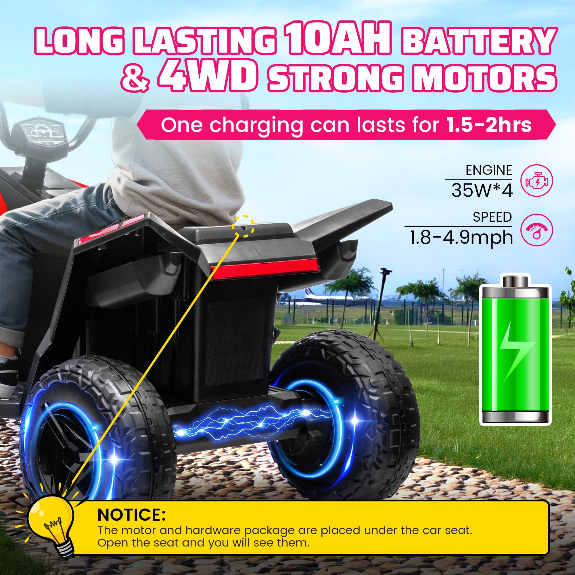 POP FRIENDS Kids ATV 24V, 4WD Ride on Toys Electric Car for Ages 3+ Toddlers Boys Girls with Remote Control, LED Headlights, Anti-Slip Tires, Bluetooth, Music Player, Pro Pink