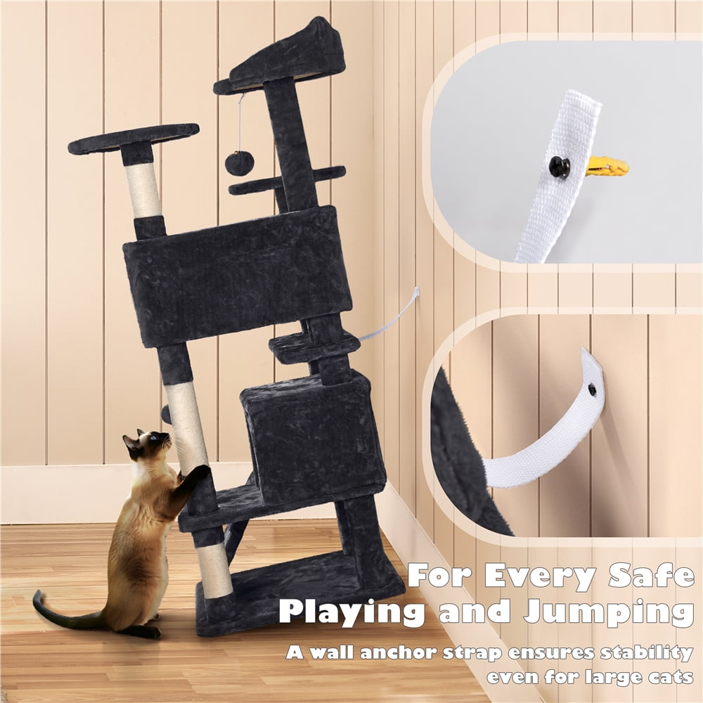 Yaheetech 53.9" H Cat Tree with Double Condos, Scratching Posts & Ramp, Black