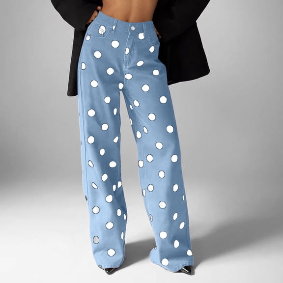 Guieoi High Rise Jeans for Women Polka-Dot Extra-Long Floor-Sweeping Stretchy Denim Pants with Pockets Trousers Clothing Blue M