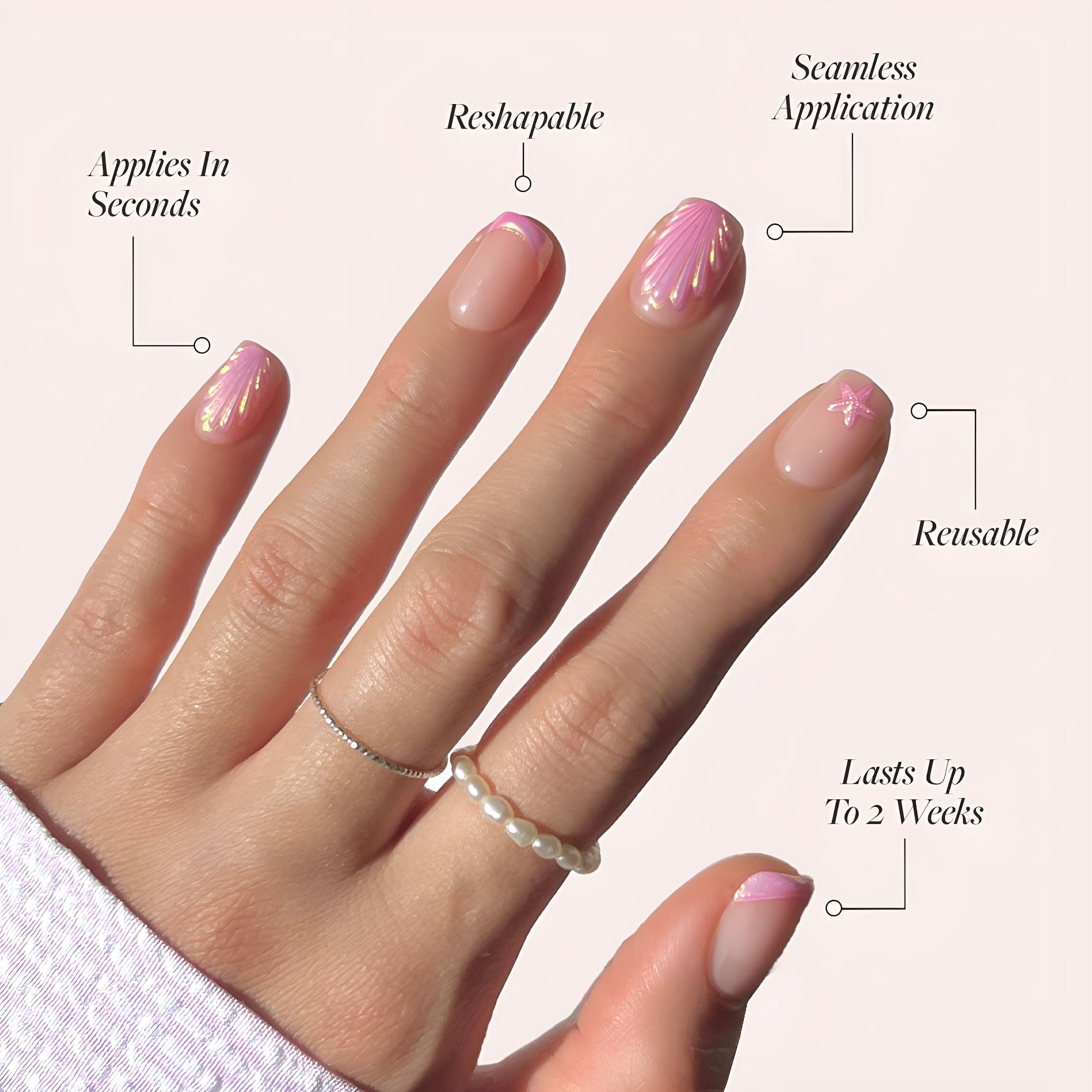 RAGUPEL Press on Nails - Blush Dunes | Short Squoval Fake Nails with Pink French Tips and 3D Accents, Salon Quality Summer Nails | 15 Sizes - 30 Nail Kit with Glue