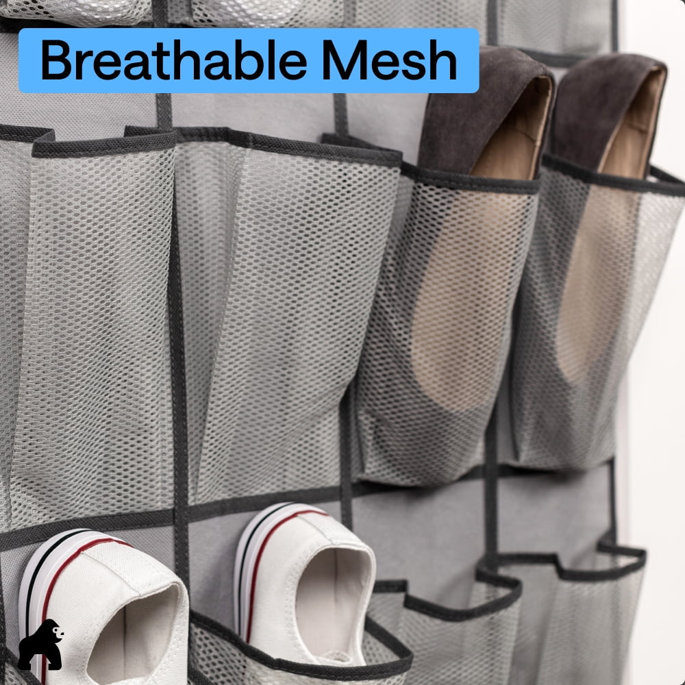 GORILLA GRIP 24 Pocket Over the Door Shoe Organizer, Mesh Pockets, Up to 40 Pounds, Hang on Doors, Gray Dark Gray Trim