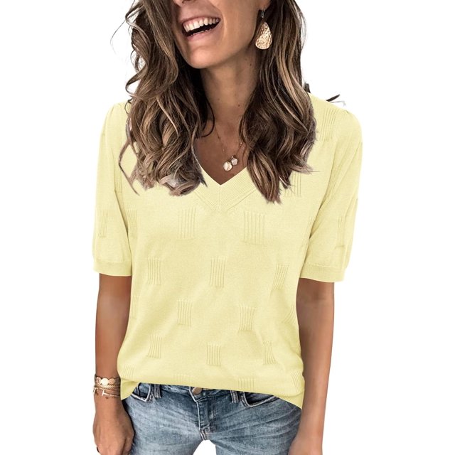 Arach&Cloz Women's V-Neck Short Sleeve Special Rib Knitted Pattern Casual Tops Sweater Spring Summer 2025
