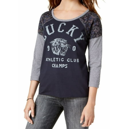Lucky Brand Womens Printed Three-Quarter Sleeves Pullover Top Navy XS
