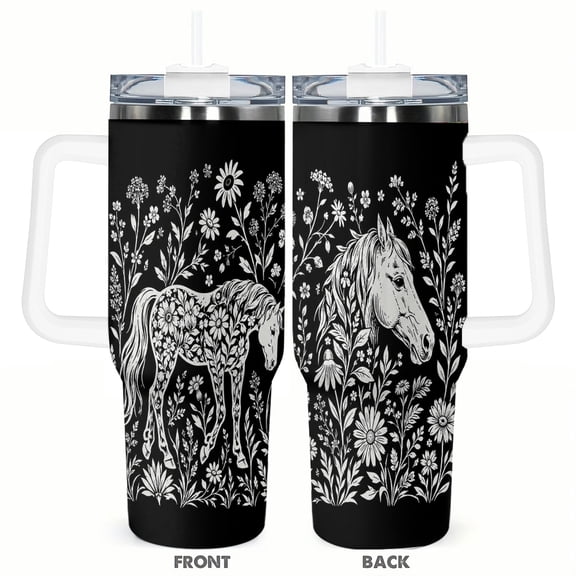 40oz Black White Floral Horse Tumbler with Handle and Straw Stainless Steel Insulated Travel Coffee Cup Horse Lover Gift