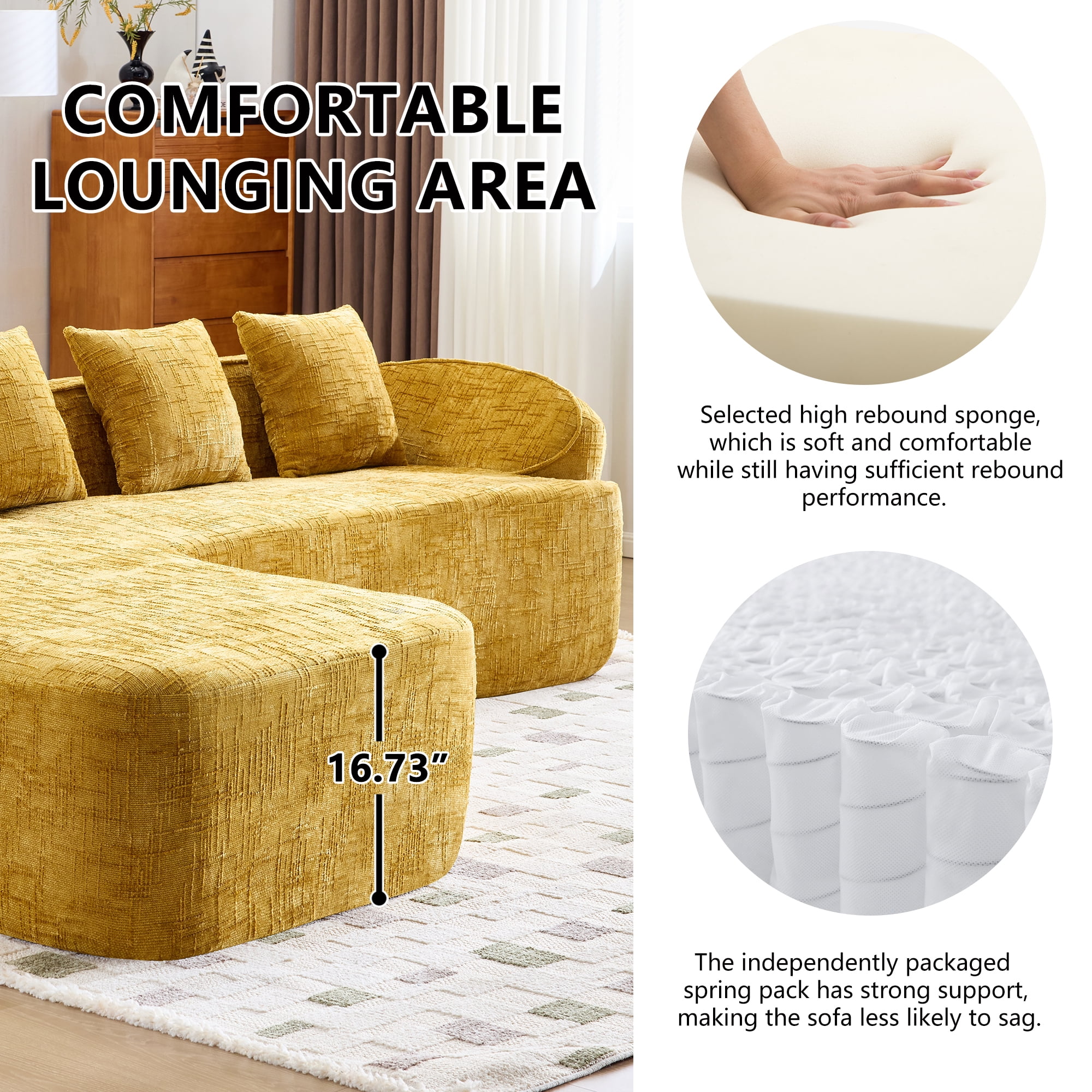 L-Shaped Sectional, Compressed Sofa with Chenille Fabric and Sponge Spring Support, No Assembly Couch for Living Room, 101" x 67" Yellow