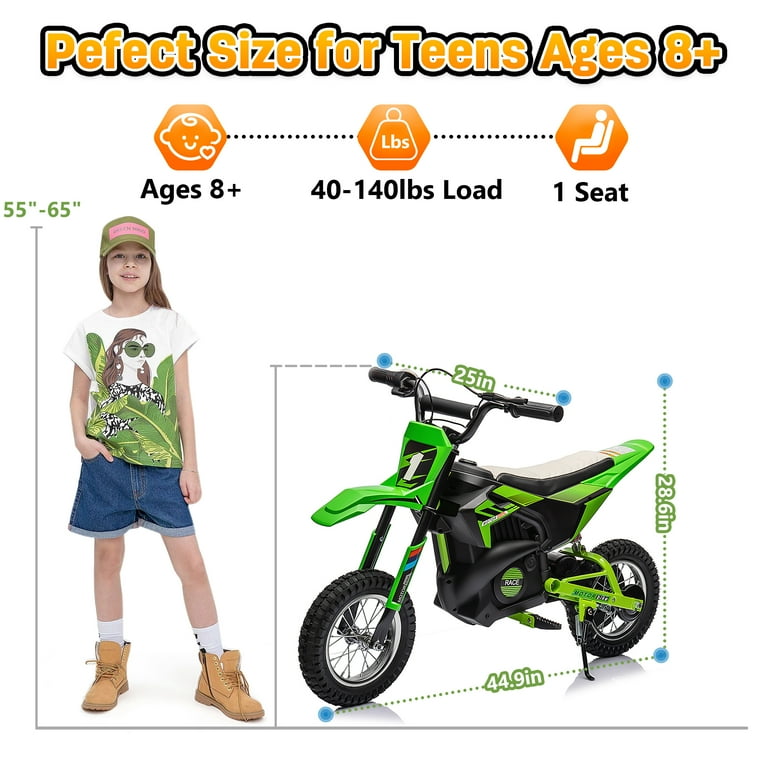 Wisairt 24V Dirt Electric Ride on Motocross Bike for Kids 8 Between 40 and 140 lbs Green Black