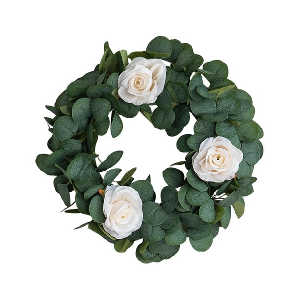 Coronas de Puerta de Primavera para Puerta Delantera Fuera de Plantas Verdes Artificiales 42cm con Rosas, Plantas Artificiales Al Aire Libre Que Se Ven Reales, Decoración Durante Todo el Año