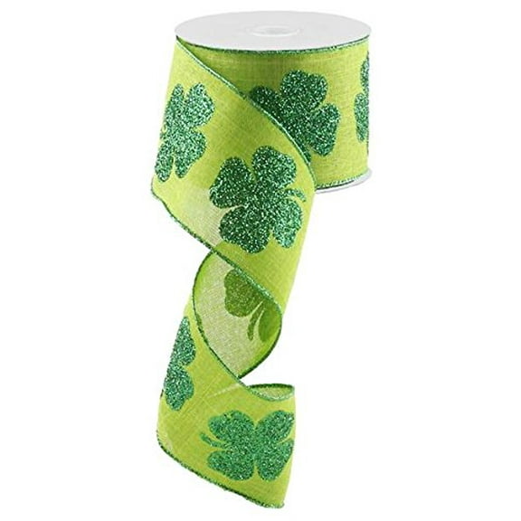 Clover Glitter Wired Edge Ribbon, 2.5" x 10 Yards (Fresh Green, Grass Green)