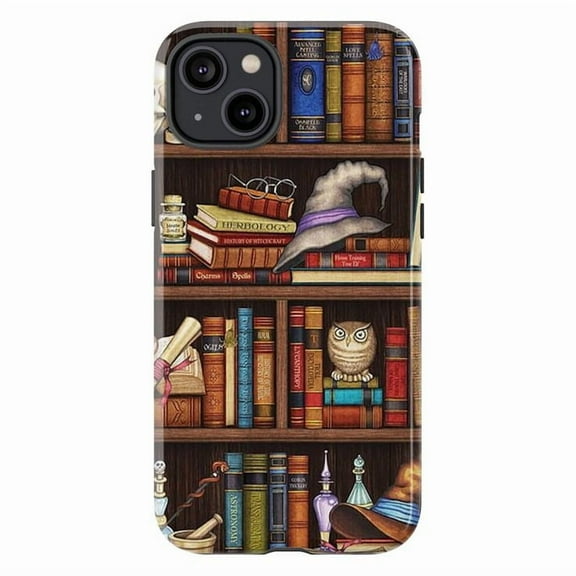 Wizard Bookshelf Phone Case, Magical Library with Owl, Spell Books & Witch Hat Protective Cover for iPhone 16 15 14 13 12 11 Pro Max Plus Mini
