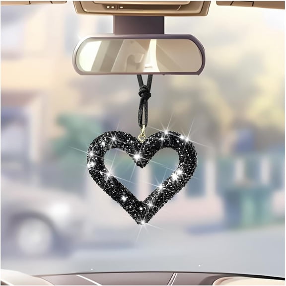 Bling Heart Car Hanging Accessories, Crystal Rhinestone Vehicle Rear View Mirror Charm Pendant Ornaments, Cute Diamond Auto Interior Hanger Decoration for Women Girls（Black