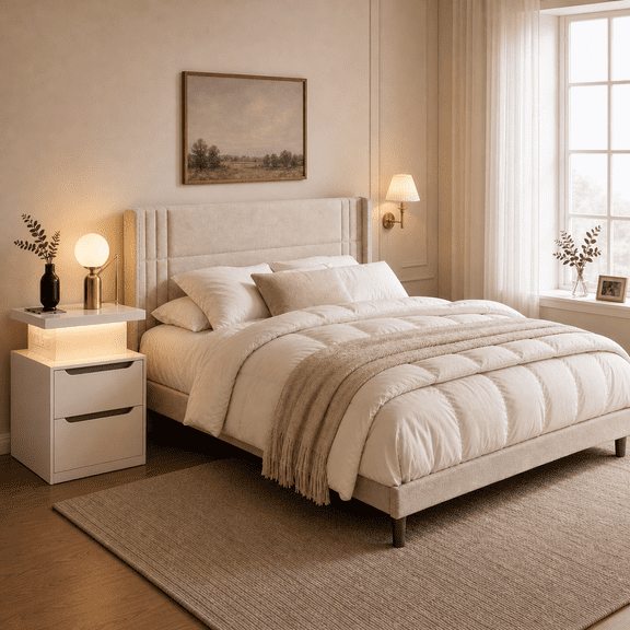 2 Piece Bedroom Furniture Set, Queen Upholstered Platform Bed Frame with Headboard & Smart LED Nightstand with Charging Station, No Box Spring