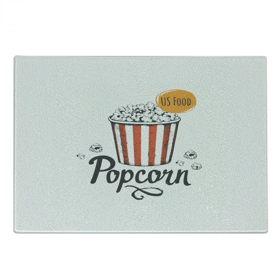 Movie Theater Cutting Board, Sketch Design Cinema Snack US Fast Food Pop Corn Art, Decorative Tempered Glass Cutting and Serving Board, Small Size, Charcoal Grey Vermilion, by Ambesonne