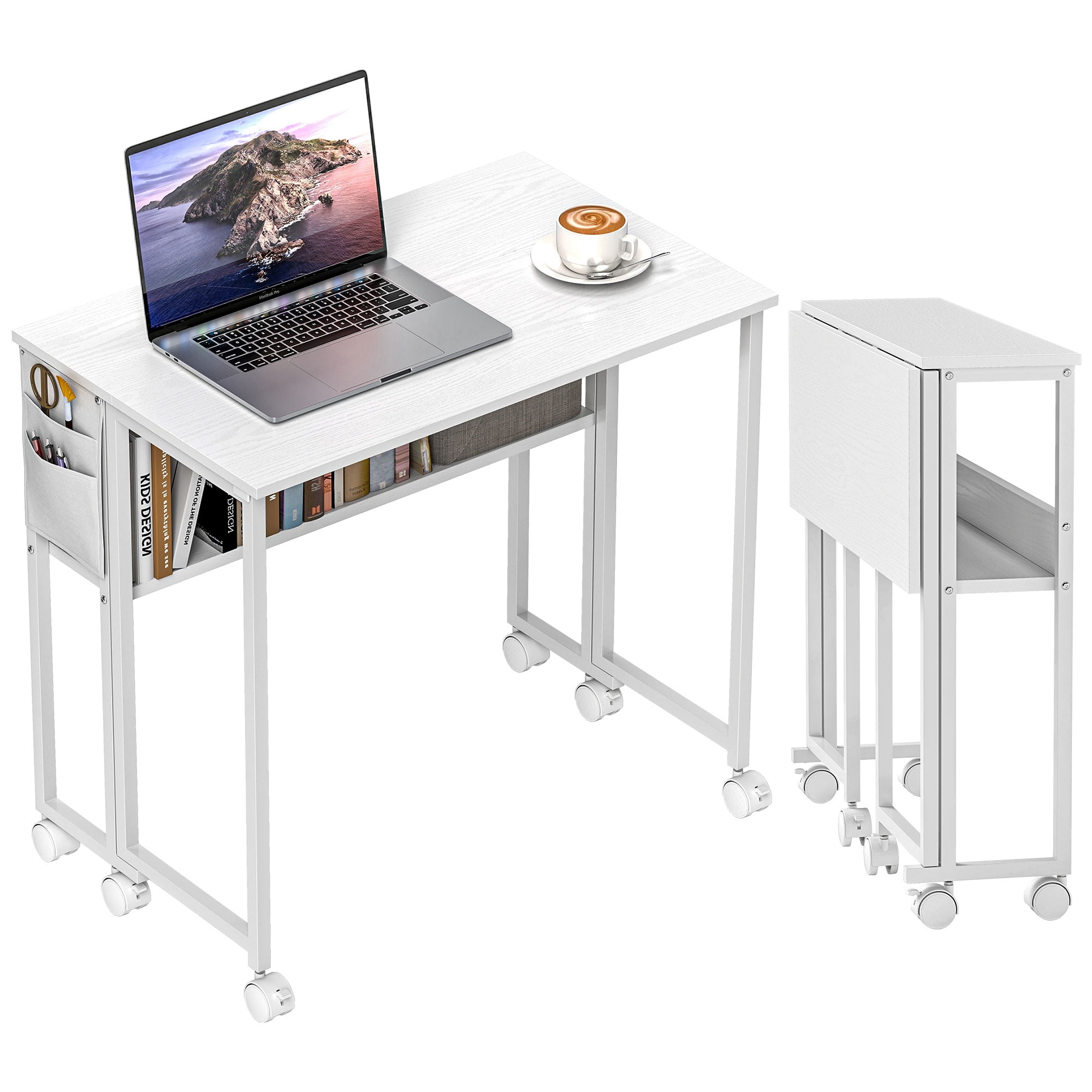 HOMCOM Small Folding Desk, 31.5" Foldable Computer Desk with Storage Bag, Shelf and Wheels for Small Spaces, Home Office, Easy Assembly, White