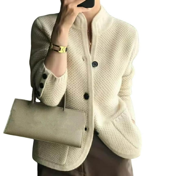 Lady Winter Coat Knitted Thickened Single-breasted Solid Color Pockets Stand Collar Warm Button Decor Cardigan Daily Wear Outdoor Sweater Jacket