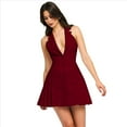 thumbnail image 1 of Vestido Corto Ajustado Sin Mangas con Cuello Halter, Solapa y Espalda Descubierta para Mujer, Plisado, con Botones Al Frente y Corte en A. Rojo M, 1 of 9