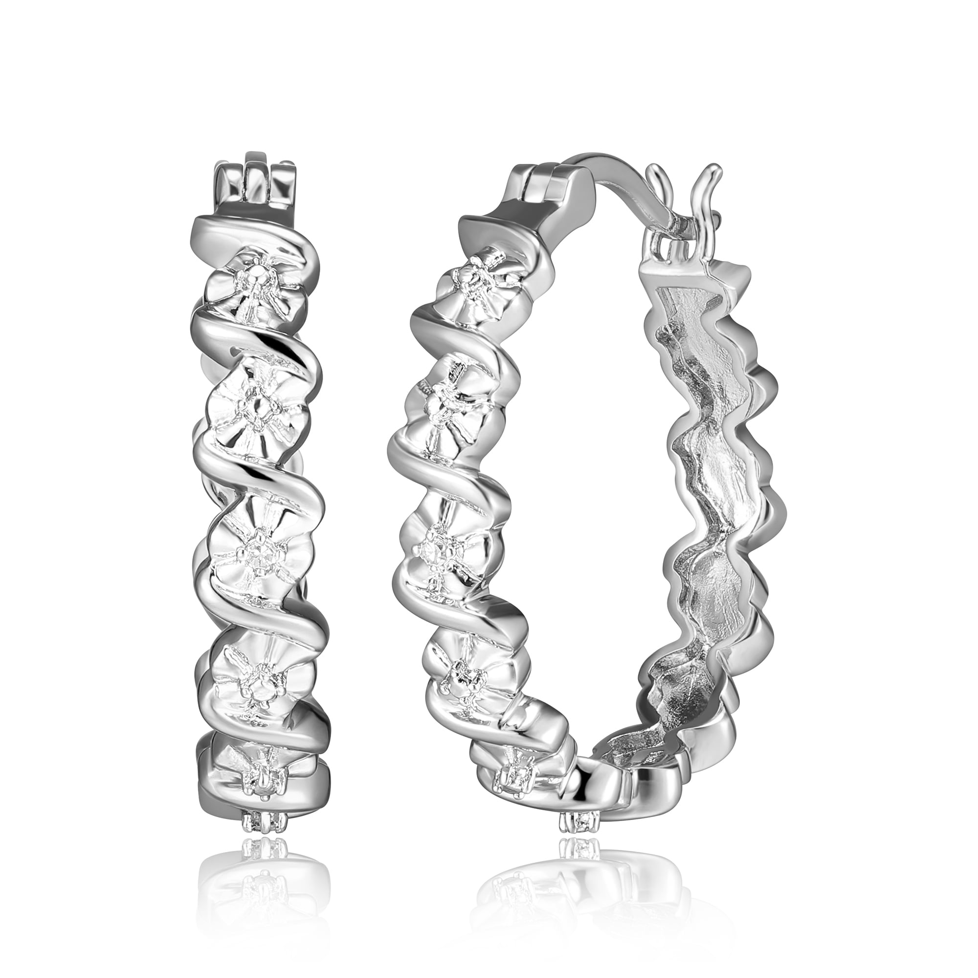 Forever Facets Fine Silver Plated Silver Tone S Link Miracle Illusion Diamond Accent Hoop Earrings,