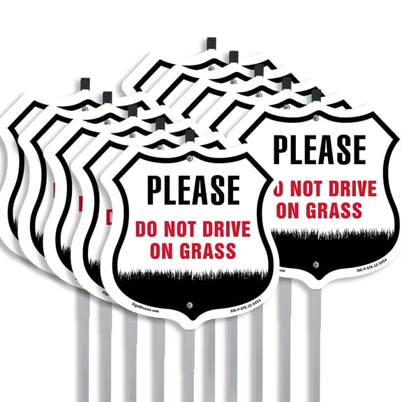Please Do Not Drive On The Grass (10 Pack) 12 inch X 12 inch Shield Shaped Rust-Free Aluminum Metal Signs with Aluminum Mounting Stakes Weather Resistant Made in the USA
