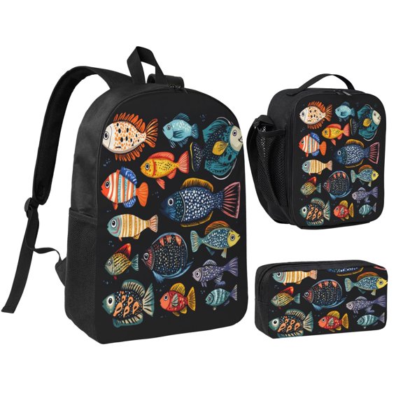 FishPattern Backpack 17 Inch Set with Lunch Bag and CaseDurableTravel Bag Combo for Work Commuting Daily Use