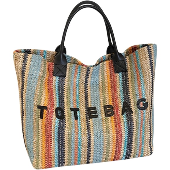 Beach Bag for women, Woven Tote Bag, Portable Travel Shoulder Bags, Colorful Stripes Casual Tote Pouch Shoulder Handb