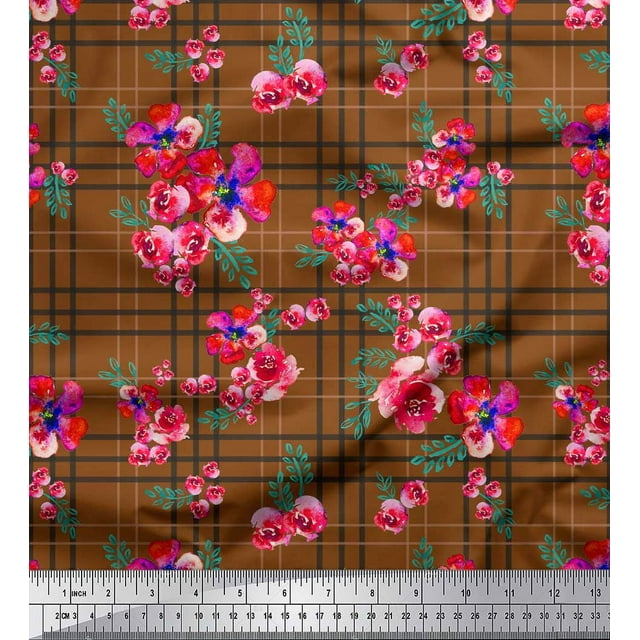 Soimoi Brown Rayon Fabric Check & Floral Printed Craft Fabric by the Yard 42 Inch Wide
