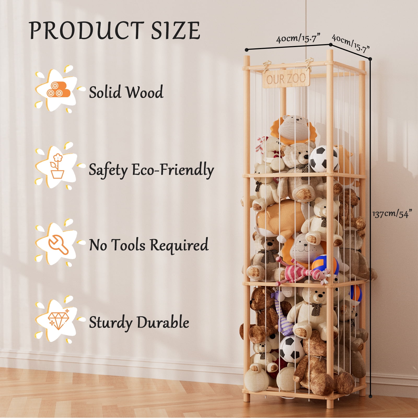 Stuffed Animal Storage Organizer, Wood Animals Zoo Toy Plushies Storage Holder, Large Capacity Plush Toy Cage for Playroom Organization, 15.7" Wide, Natural