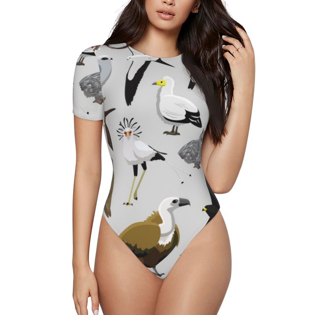 Kdxio Justaucorps à Manches Courtes Imprimé Oiseau pour Femmes Col Rond Modal Doux Confortable Ajusté Aguichant Top-TTG