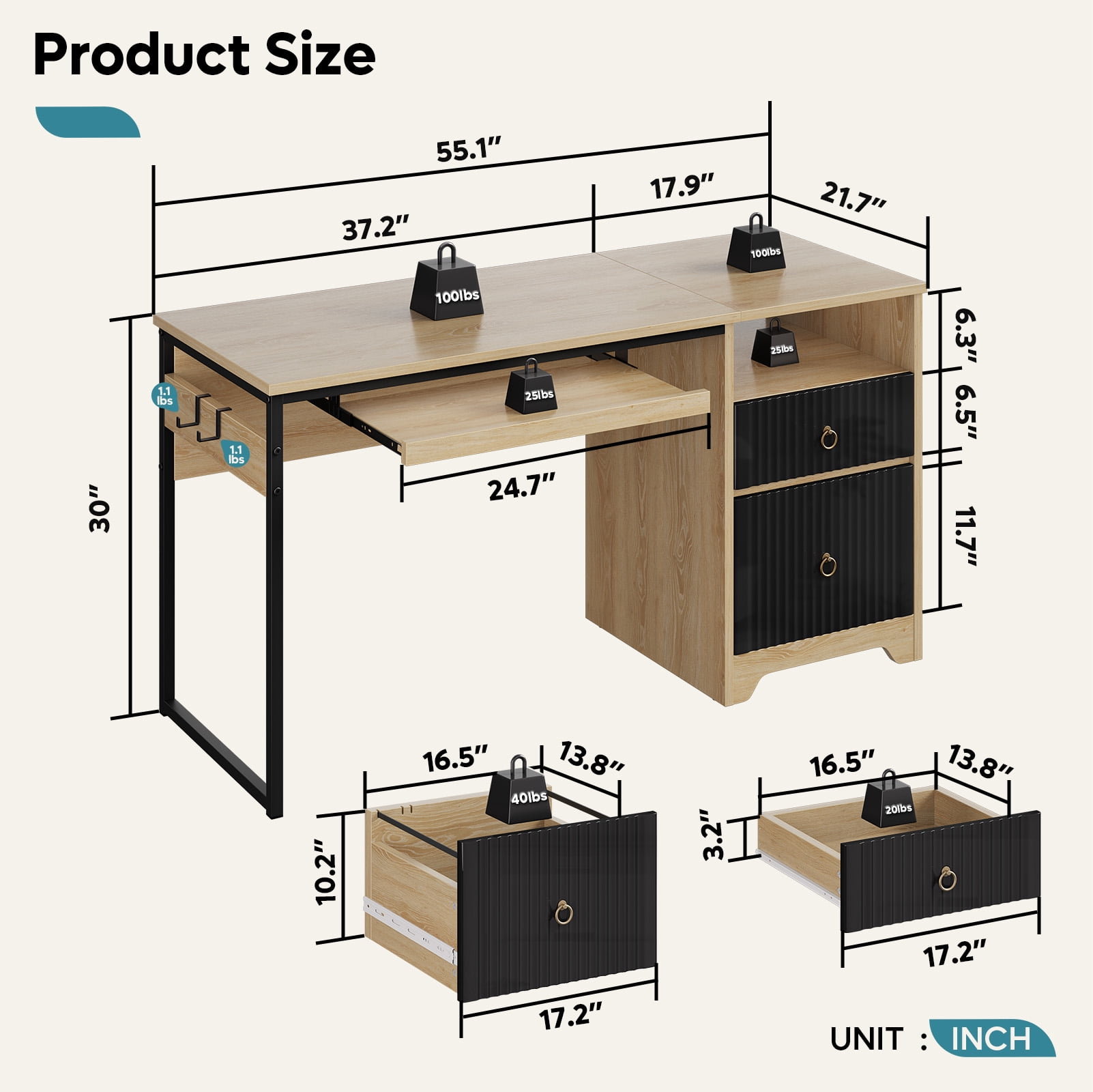 Bestier 55 Inch Office Desk with Drawers, Keyboard Tray, 2 Hooks, Modern Fluted Computer Desk for Home, Natural Oak