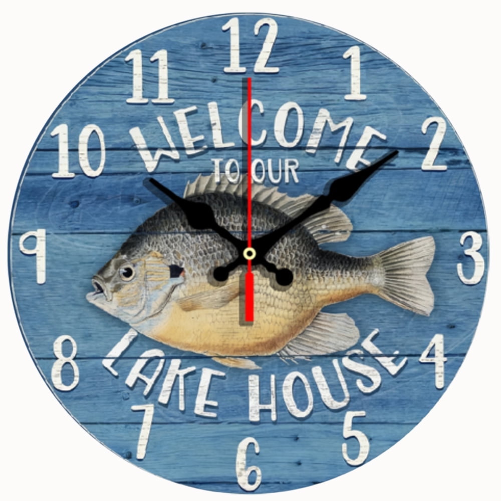 2D Flat Wooden Wall Clock,1pc Decorative Concepts Lakehouse Cottage Sunfish Themed Wood Round Wall Clock - AA Battery Not Included