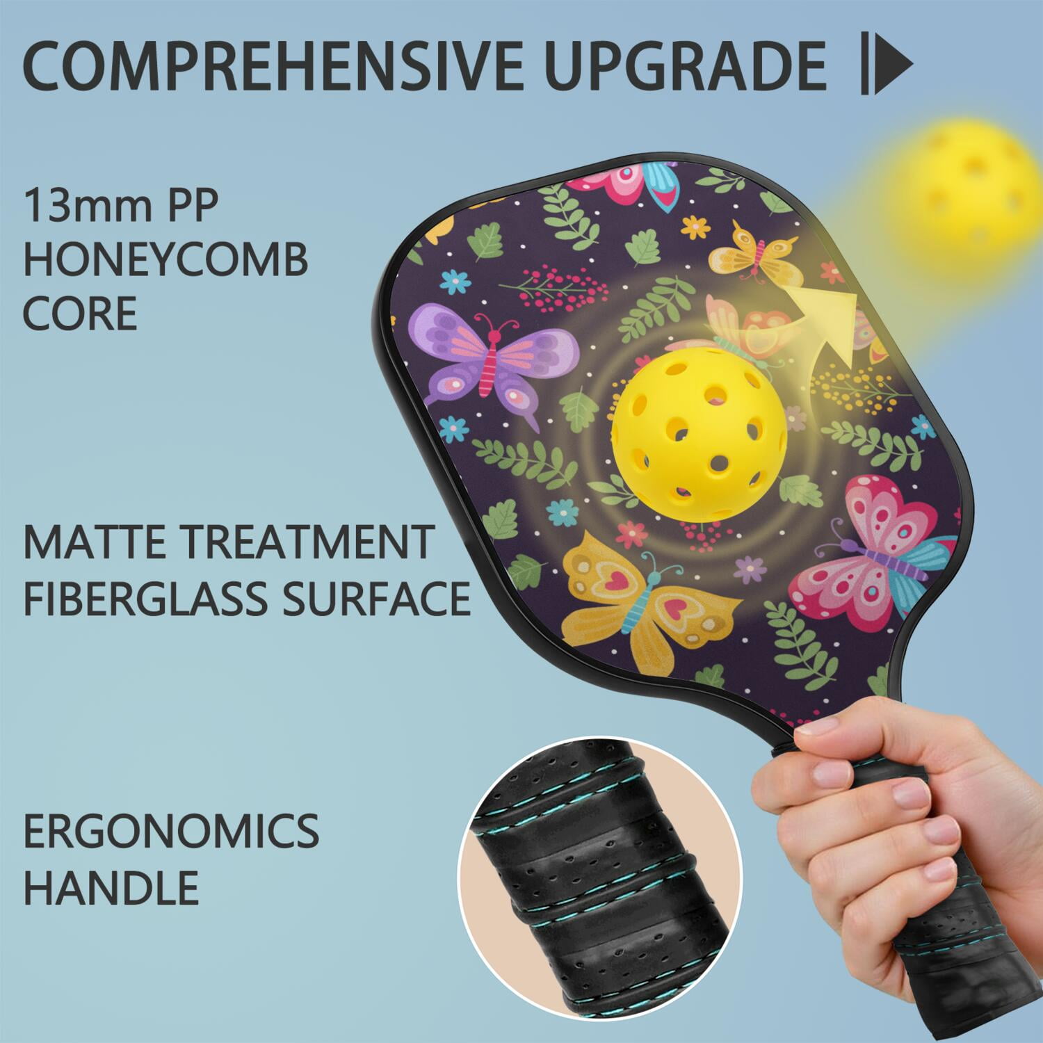 Pickleball Paddles Set Of 1, Fiberglass Surface, Boho Butterfly Decor, 1 Paddle, 2 Balls & Bag