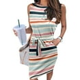 thumbnail image 4 of Casual Dresses for Women Summer Crewneck Dresses Striped Print Tank Dress Tie Waist Pocketed Sleeveless Short Dress, 4 of 6