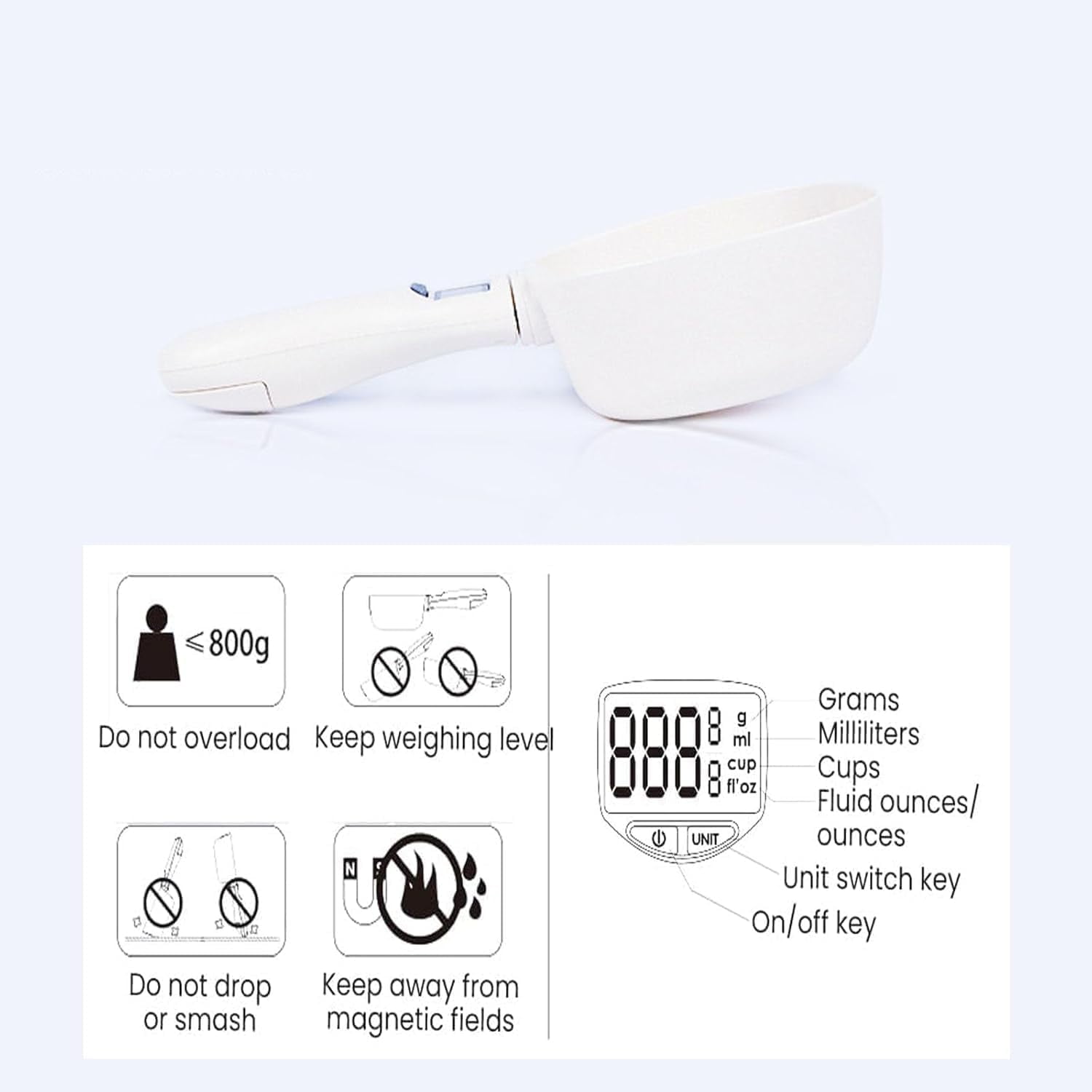 Electronic Measuring Spoon, Digital Spoon Scale 800g/0.1g with LCD Display, Removable & Easy-Clean, Unit Conversion (g/ml/cup/fl.oz/oz) for Cooking, Baking, Dog Cat Food, Coffee, Powder