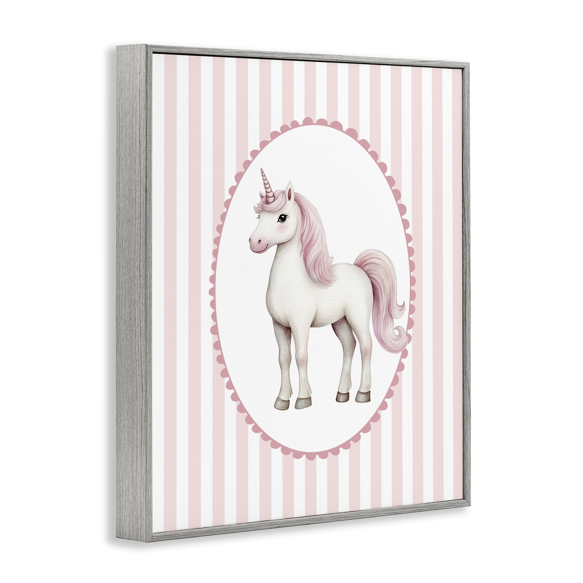 Gentle Unicorn on Pink Stripes Gray Framed Giclee Art, design by Christine Simpson Art