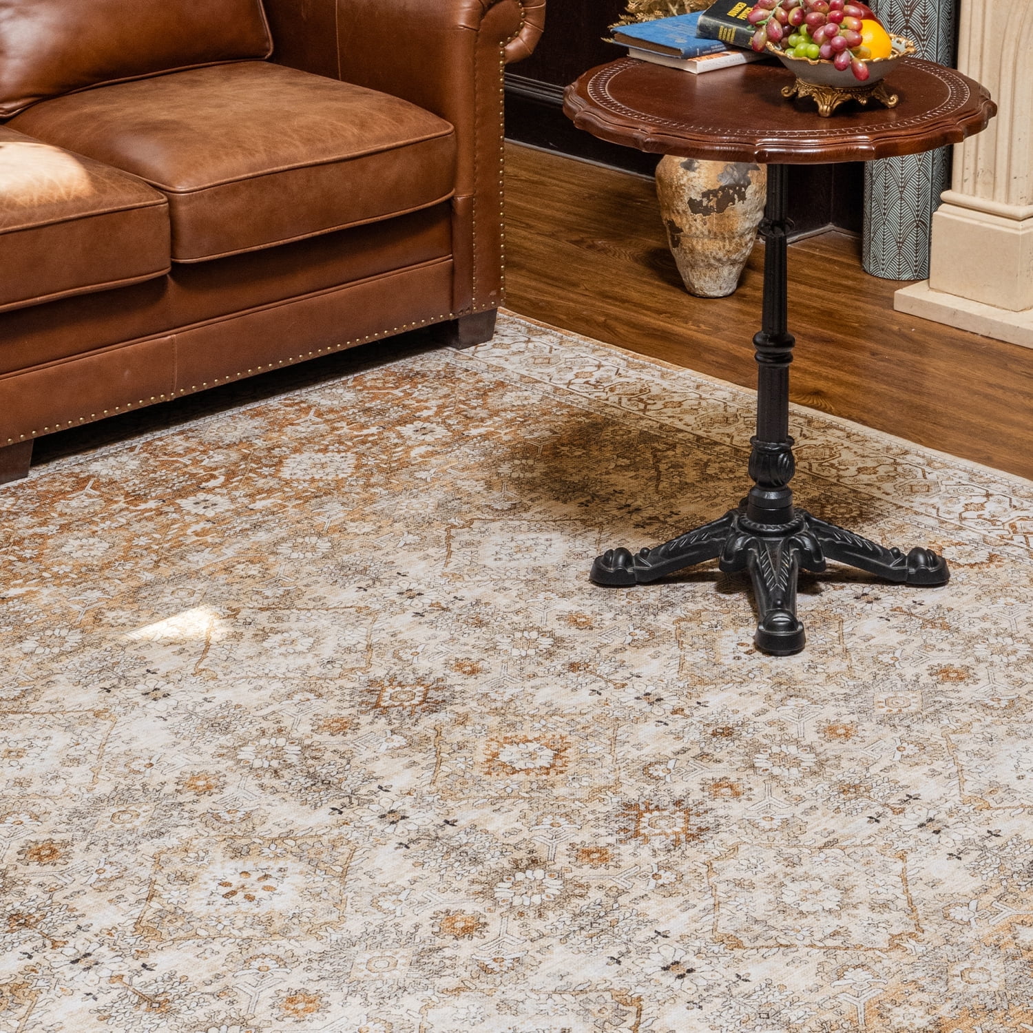 SIXHOME 4'x6' Area Rugs for Living Room Washable Rugs Ombre Vintage Floral Living Room Rug Aesthetic Carpet Soft Large Rugs for Bedroom Dining Room Office Retro Home Decor Tan and Orange