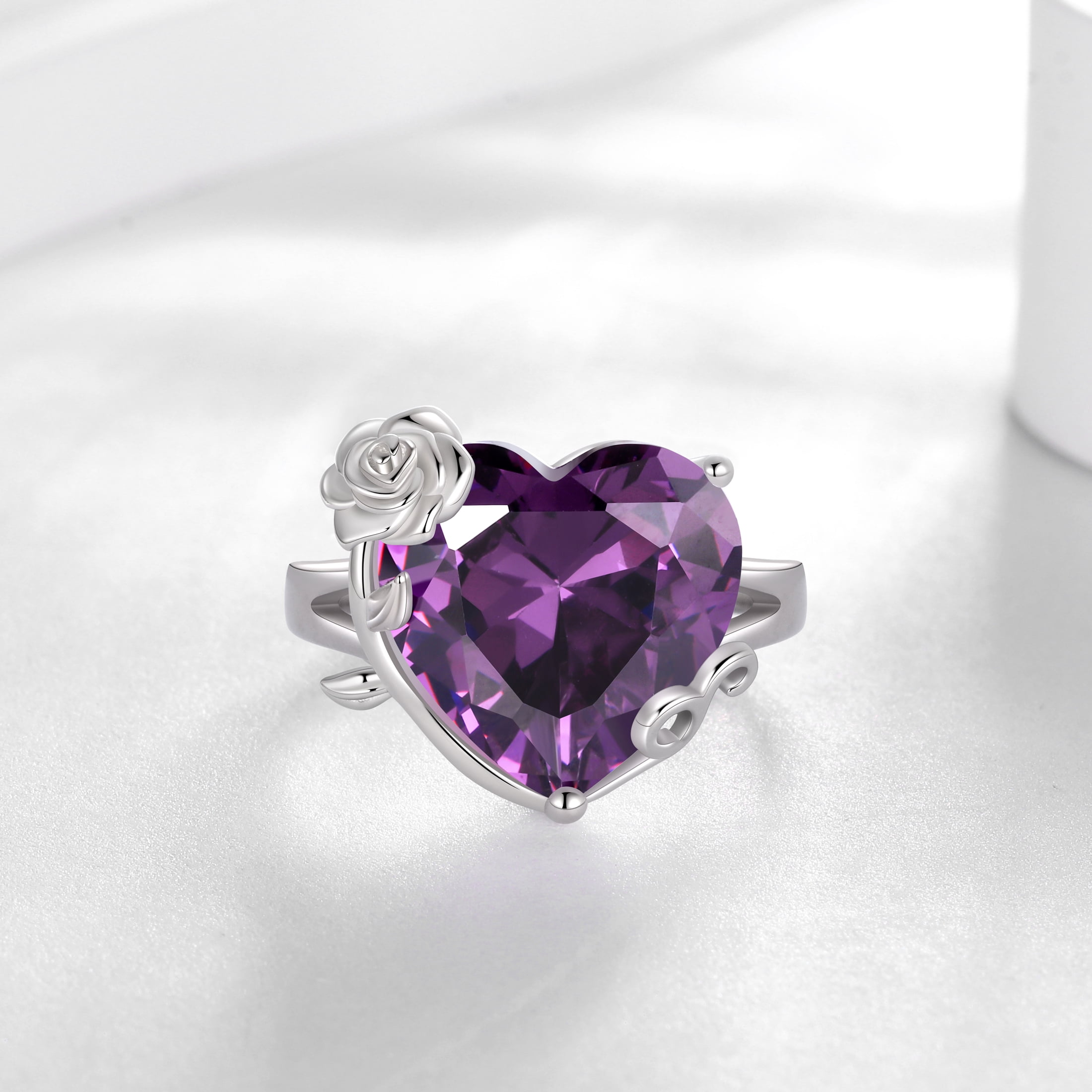 Juwaliy 9Ct Women Heart Ring 925 Sterling Silver Rose Flower February Birthstone Amethyst Purple Solitaire Ring Jewelry Girlfriend Valentine's Day Gift