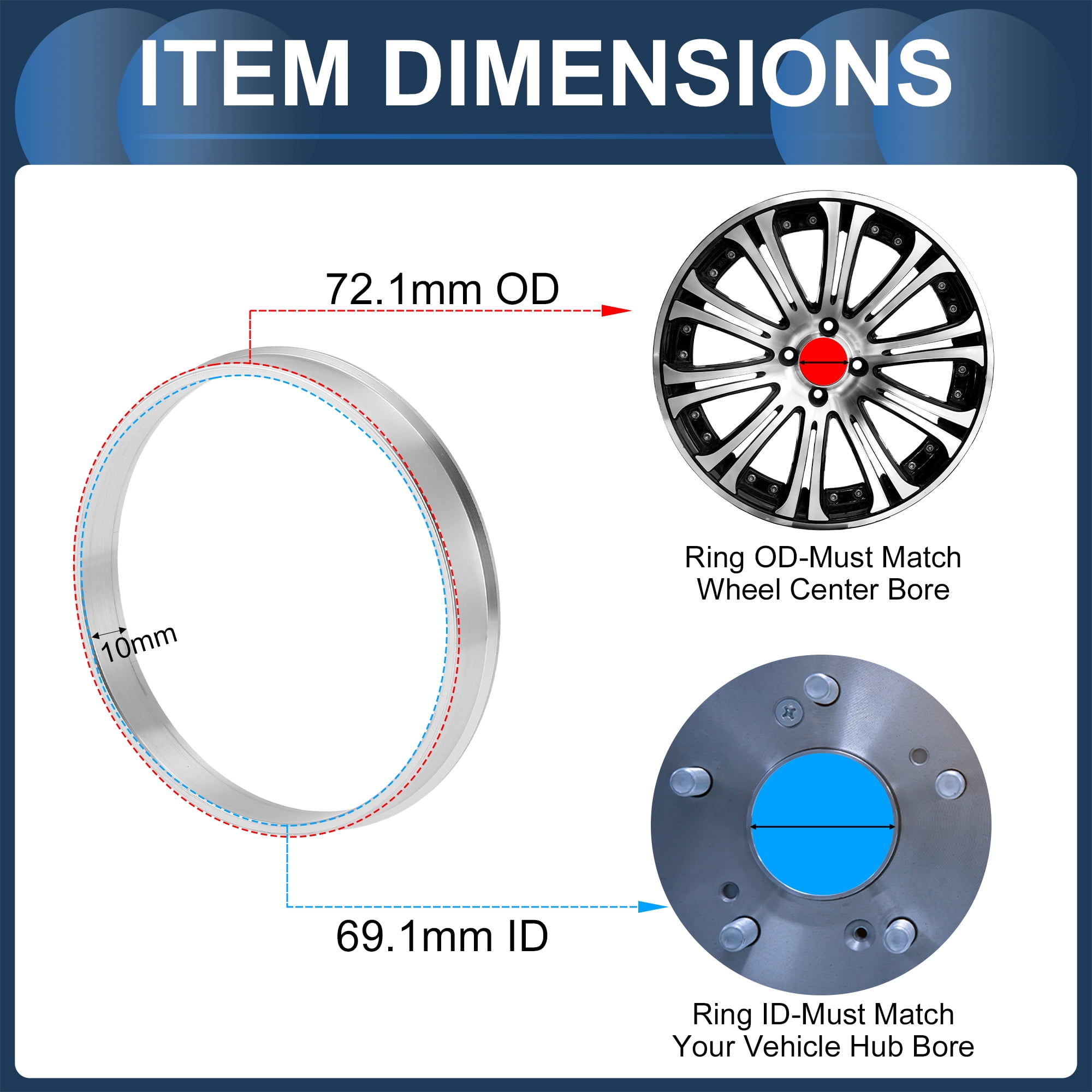 Set Of 4 Hub Centric Rings – 72.62mm To 54.1mm – Black Polycarbonate – HR7262-5406