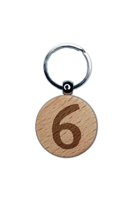 Number 6 Six Cute Typewriter Font Round Keychain Charm Tag - Engraved Wood