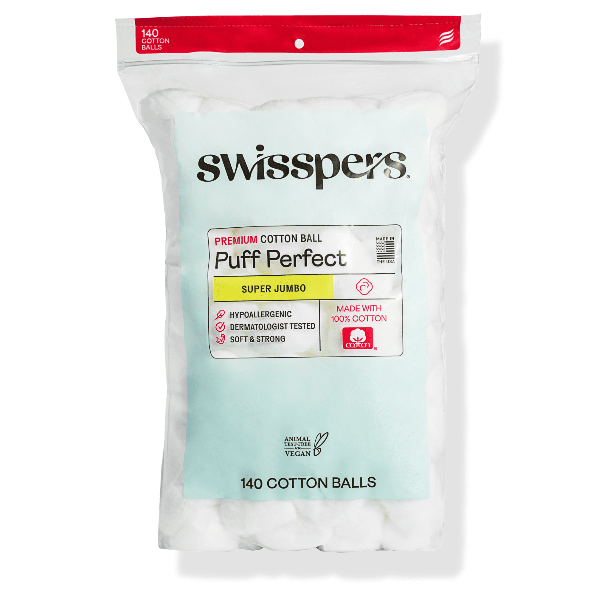 Swisspers Super Jumbo 100% Cotton Balls, Dermatologist Tested, Soft & Absorbent, 140 Count