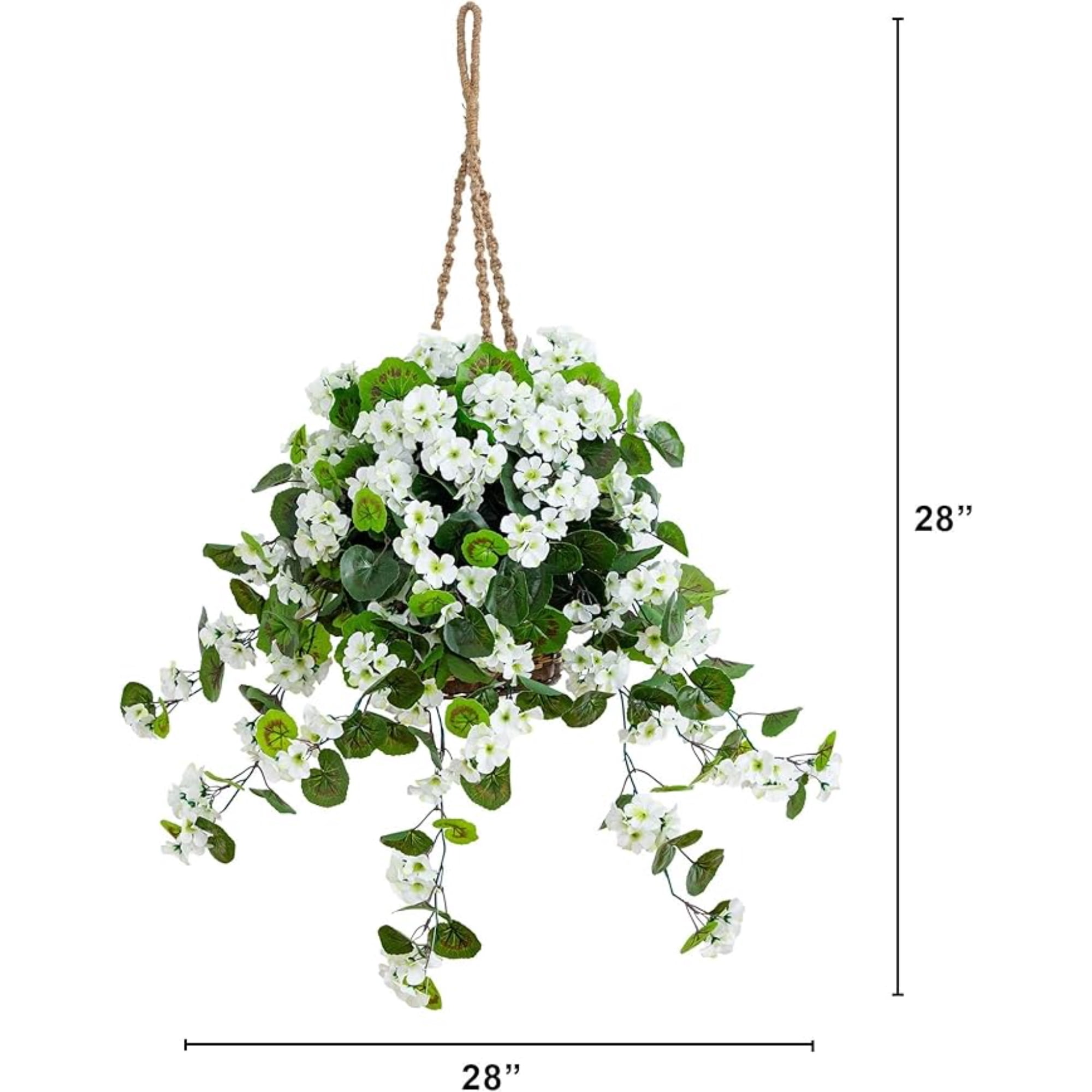 Nearly Natural UV Resistant Outdoor Artificial Geranium in Hanging Basket - 28" - White