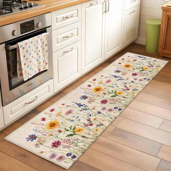 2'x6' Rug Runners for Hallways Kitchen, Botanical Floral Non Slip Entryway Beside Floor Carpet Runner, Retro Purple Pink Yellow Wildflowers Washable Laundry Room Bedroom Throw Rugs Mat for Family Pet