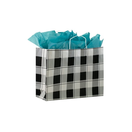 SSWBasics- Large Buffalo Check Paper Shopping Bags - Case of 100 Paper Bags with Handles - Sleek Brown Paper Bags with Handles for Retail Shopping and Small Business Needs